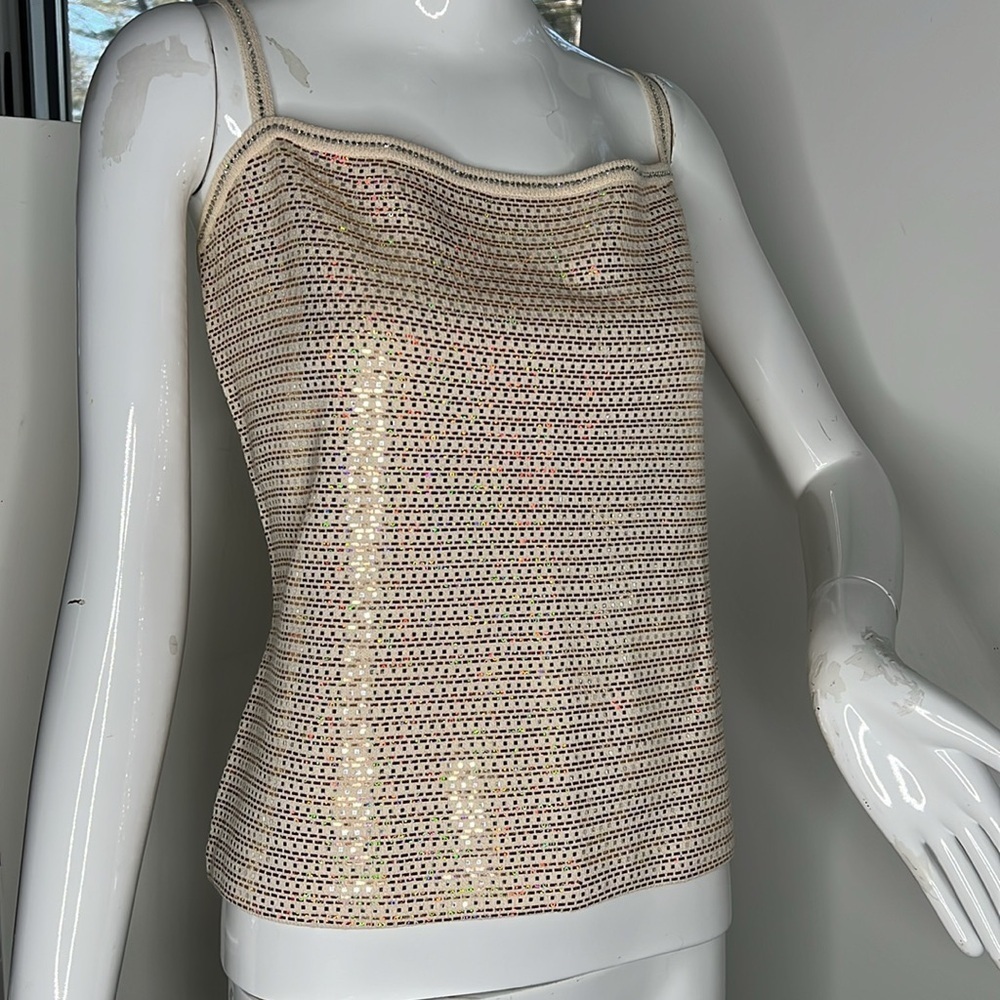 St. John Sz L Crème and Rose Gold Metallic Crystals Knit Sleeveless Tank Top